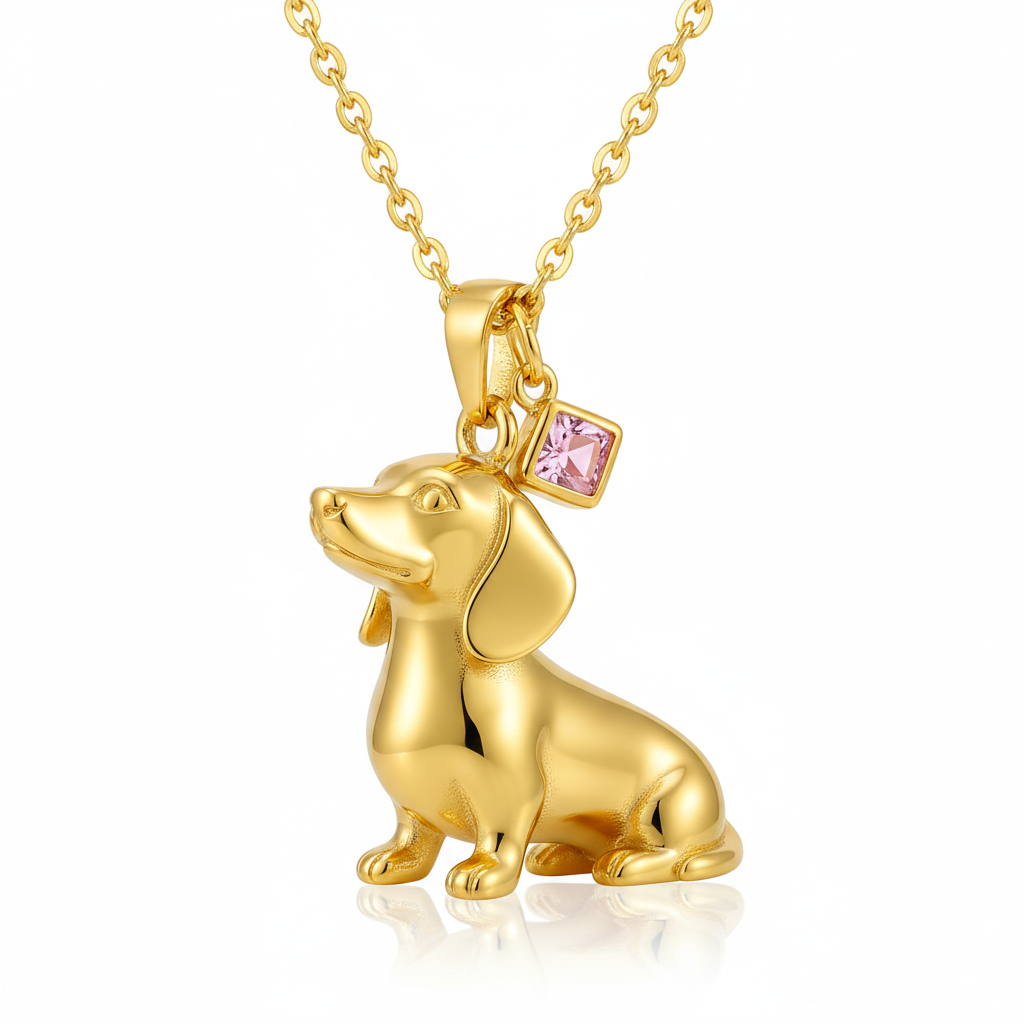 Dainty Gold-Tone Stainless Steel Dachshund Dog Pendant Necklace with Pink Gem | Personalized Pet Jewelry