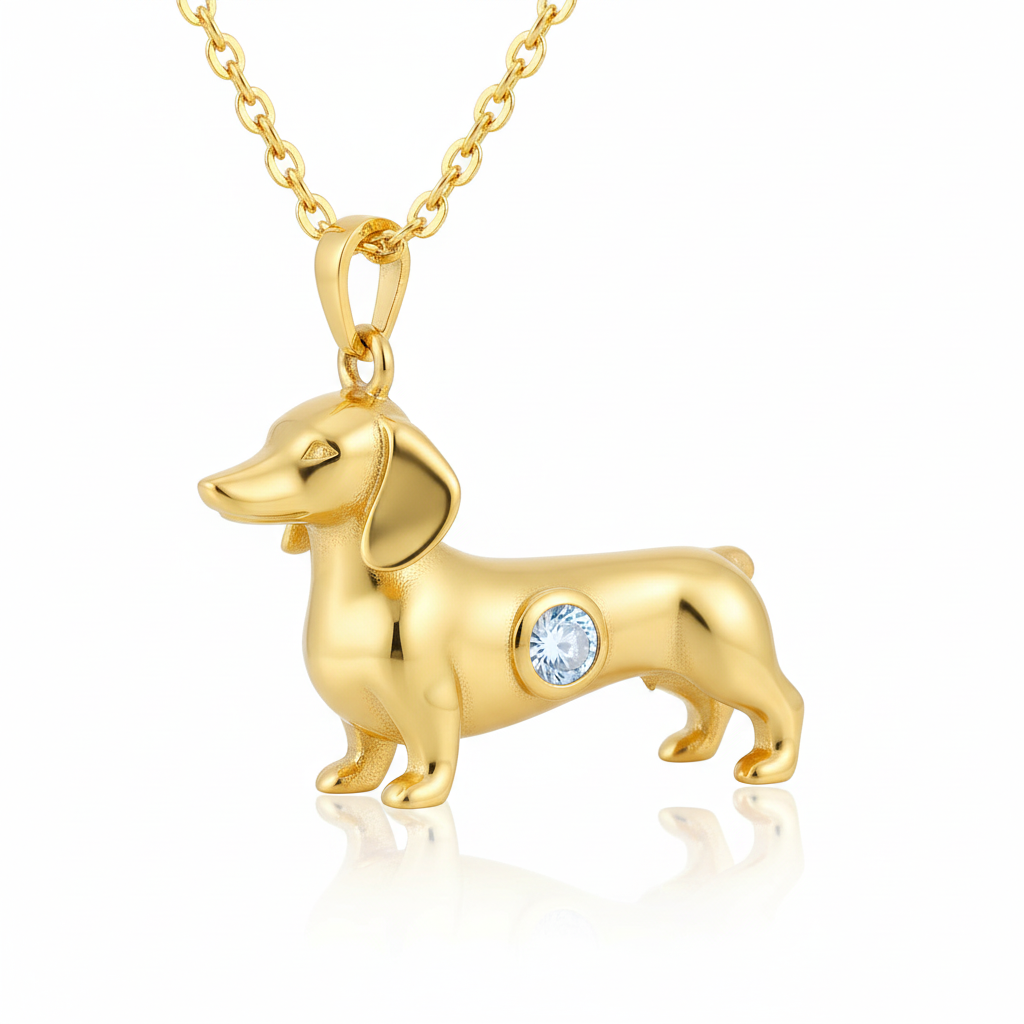 Dainty Gold-Tone Standing Dachshund Dog Pendant Necklace with White Gem | Stainless Steel Pet Jewelry