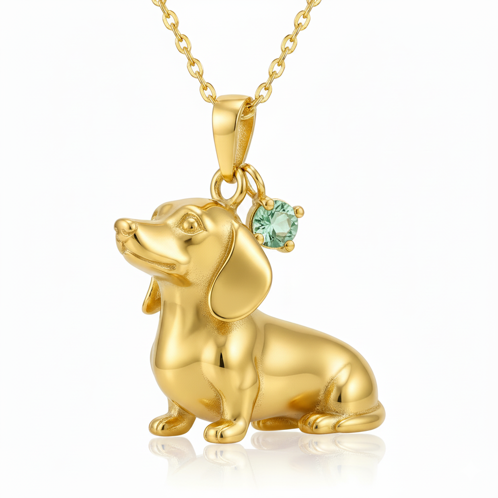 Dainty Gold-Tone Stainless Steel Dachshund Dog Pendant Necklace with Light Green Gem | Personalized Pet Jewelry
