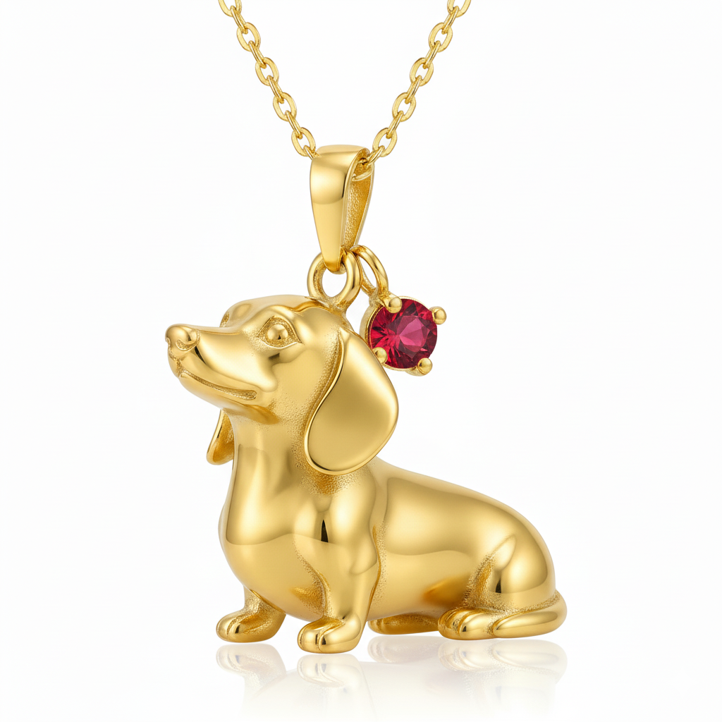Dainty Gold-Tone Stainless Steel Dachshund Dog Pendant Necklace with Red Gem | Personalized Pet Jewelry