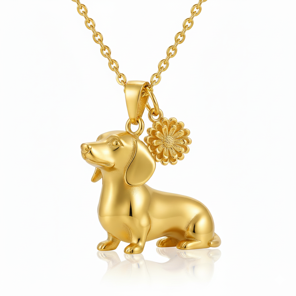 Dainty Gold-Tone Stainless Steel Dachshund Dog Pendant Necklace with Sunflower Charm | Personalized Pet Jewelry