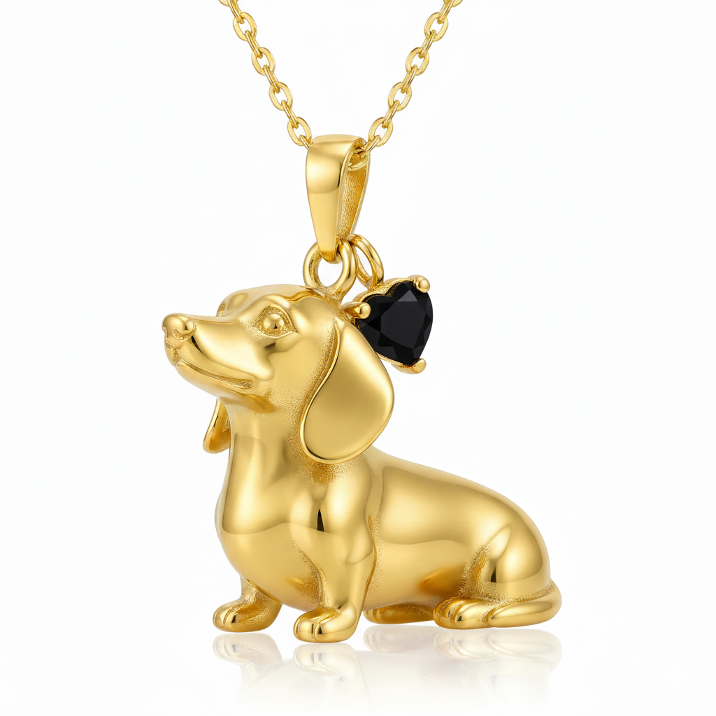 Dainty Stainless Steel Sitting Dachshund Dog Pendant Necklace with Black Heart Charm – Personalized Pet Jewelry