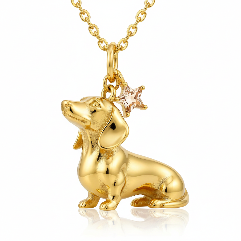 Dainty Stainless Steel Sitting Dachshund Dog Pendant Necklace with Star Charm – Personalized Pet Jewelry