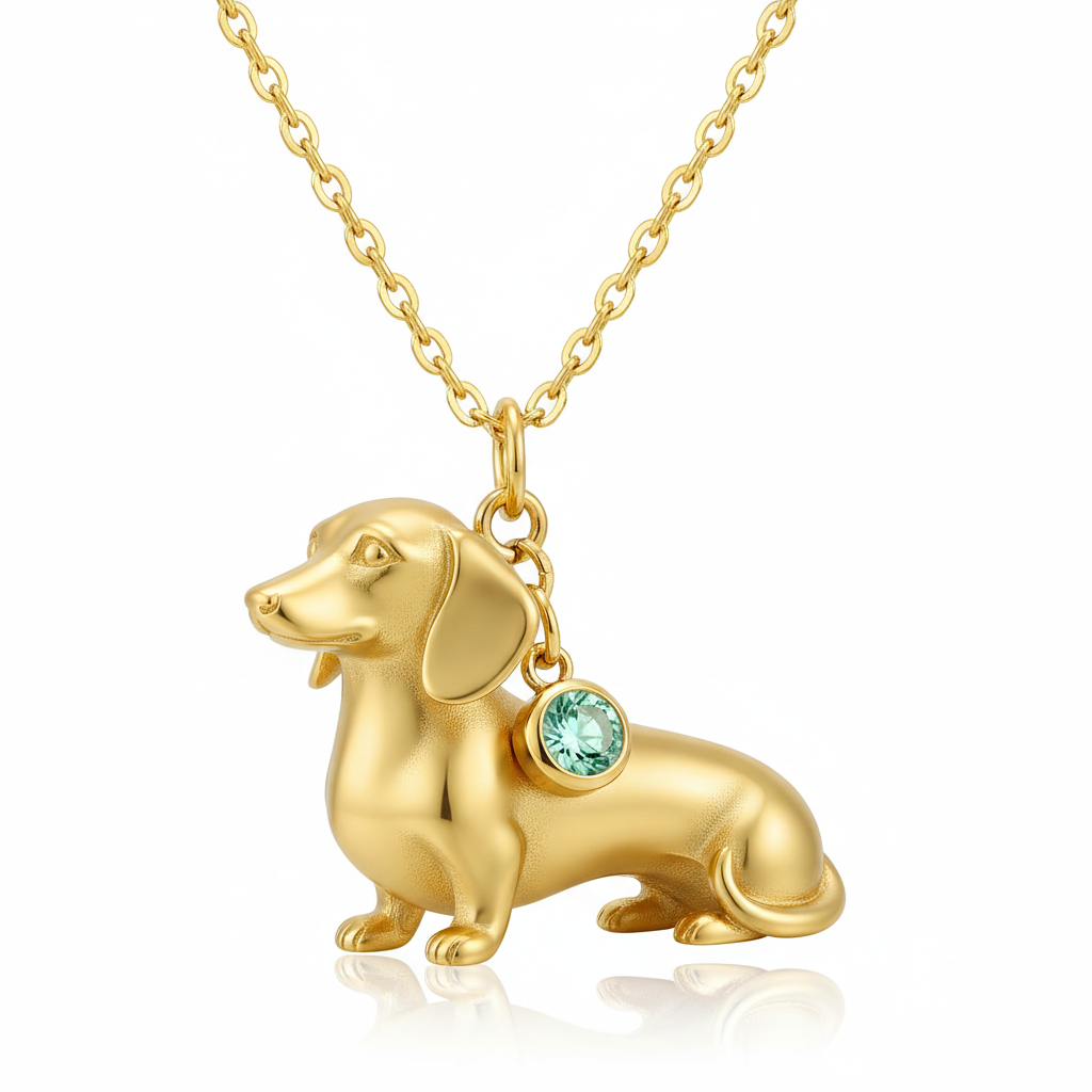 Dainty Stainless Steel Sitting Dachshund Dog Pendant Necklace with Green Birthstone – Personalized Pet Jewelry