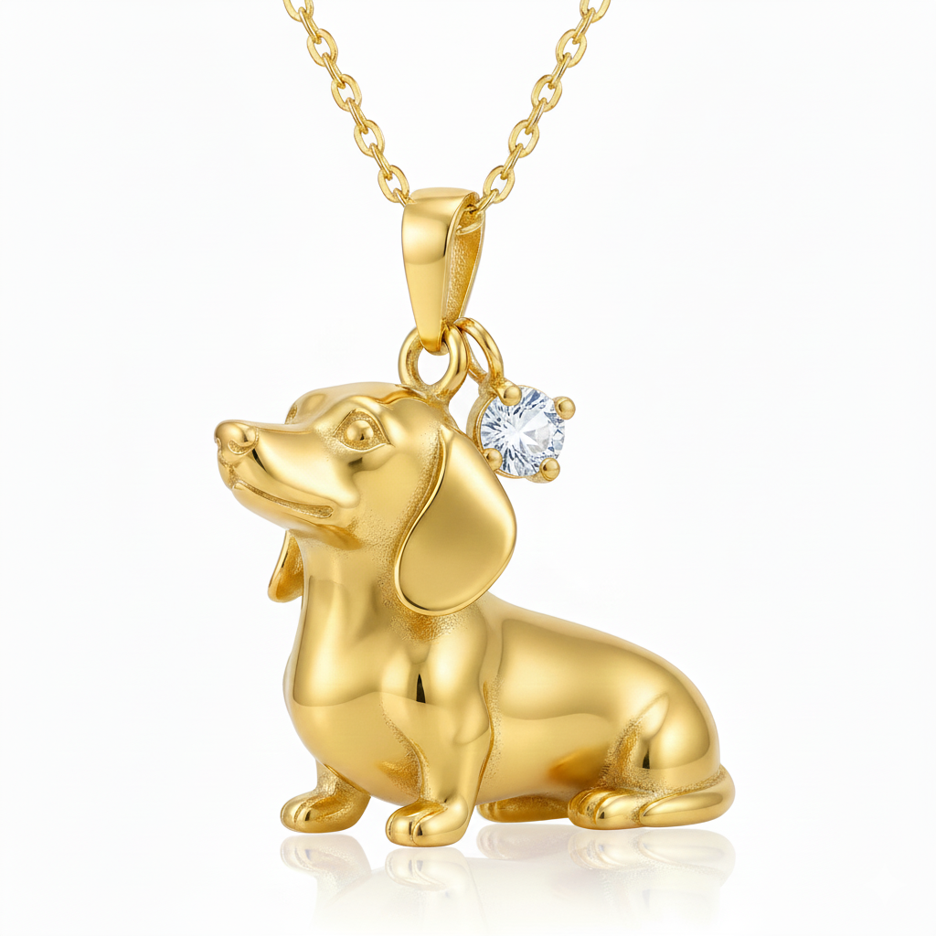 Dainty Stainless Steel Sitting Dachshund Dog Pendant Necklace with Clear Gem – Personalized Pet Jewelry