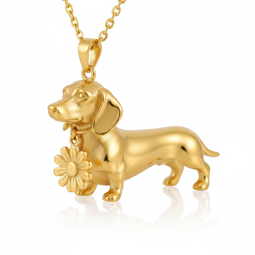 Dainty Stainless Steel Dachshund Dog Pendant Necklace with Daisy Charm – Personalized Pet Jewelry