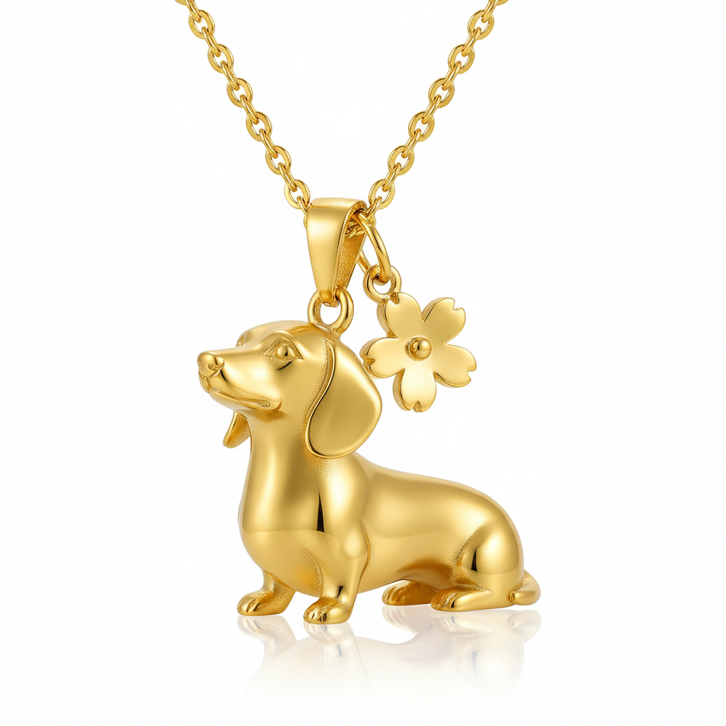 Dainty Gold-Tone Stainless Steel Dachshund Dog Pendant Necklace with Flower Charm | Personalized Pet Jewelry
