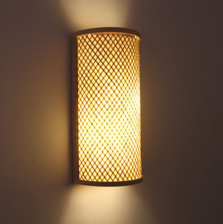 Natural Bamboo Woven Wall Lamp – Semi-Circular Handcrafted Sconce Light Fixture