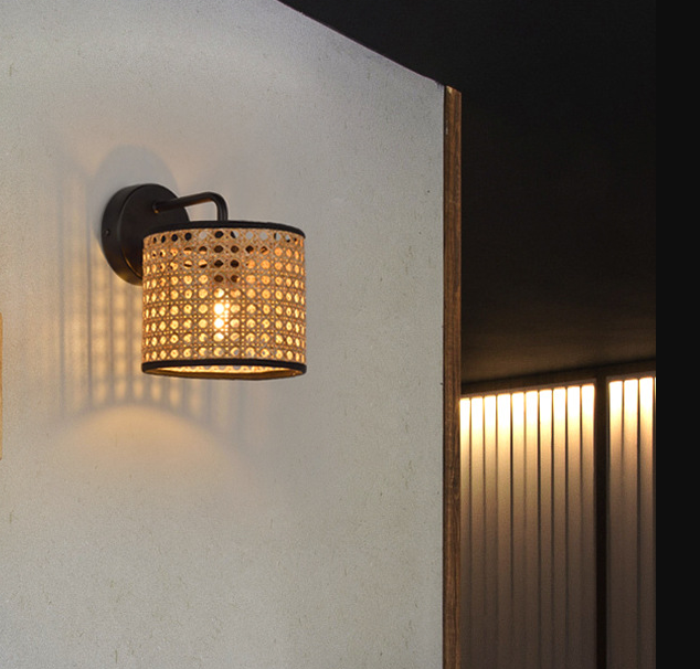 Handmade Rattan Wall Lamp Vintage Boho Woven Sconce Light Fixture for Home Decor