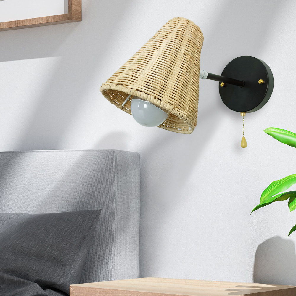 Vintage Woven Rattan Wall Sconce – Cone Shade Bedside Light with Pull Chain