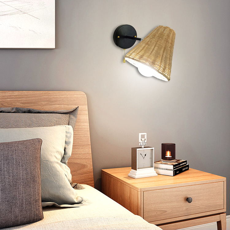 Vintage Woven Rattan Wall Sconce – Cone Shade Bedside Light with Pull Chain