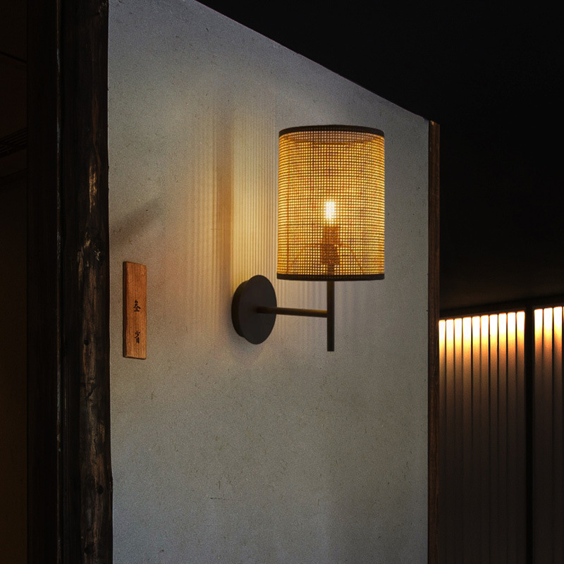 Modern Woven Rattan Wall Sconce – Cylinder Shade Decorative Bedside Lamp