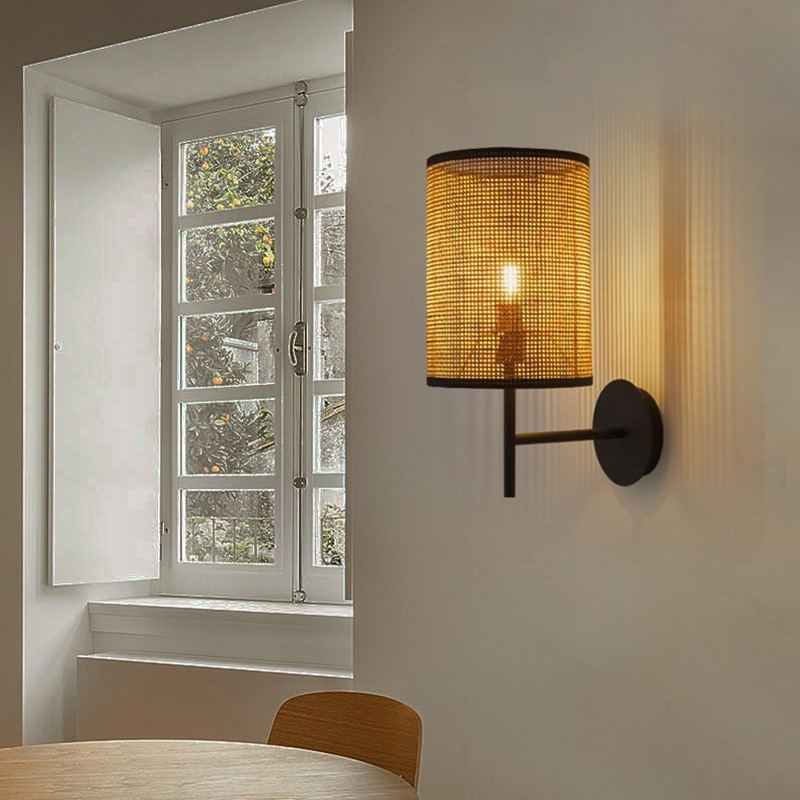 Modern Woven Rattan Wall Sconce – Cylinder Shade Decorative Bedside Lamp