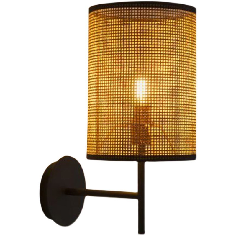Modern Woven Rattan Wall Sconce – Cylinder Shade Decorative Bedside Lamp