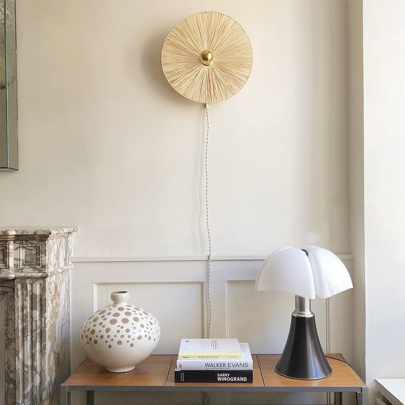 Double Layer Rattan Round Wall Lamp with Gold Accent and Pull Chain, Modern Boho Sconce