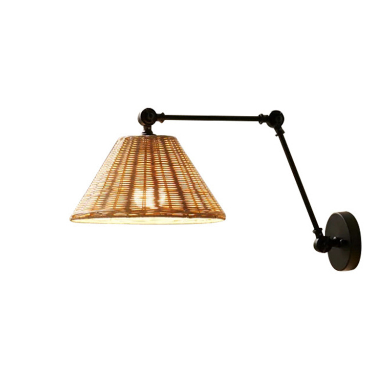 Rattan Wicker Wall Lamp with Adjustable Arm, Rustic Modern Boho Sconce for Living Room & Bedroom
