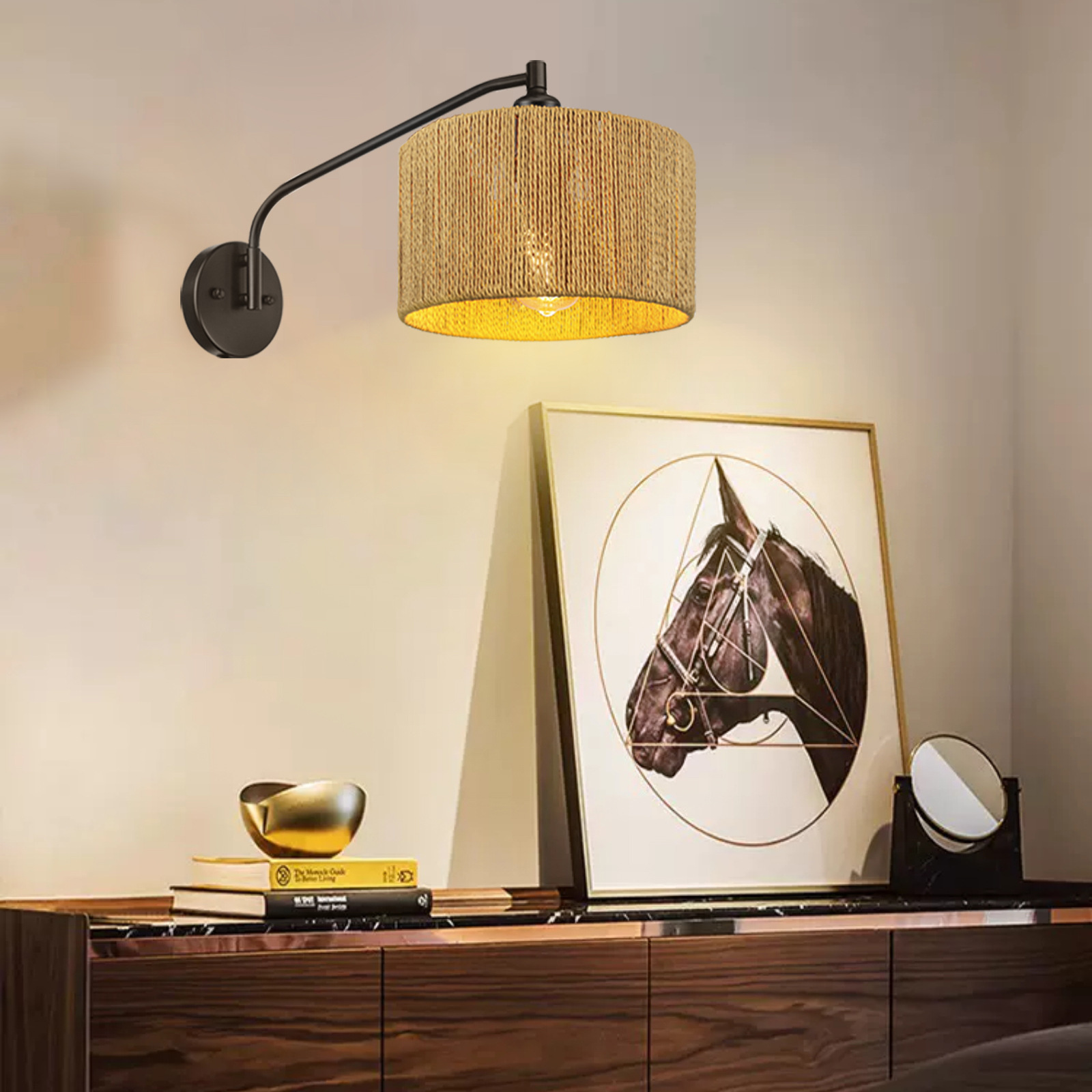 Modern Woven Wall Lamp, Adjustable Arm Rattan Sconce for Bedroom, Living Room, Cafe