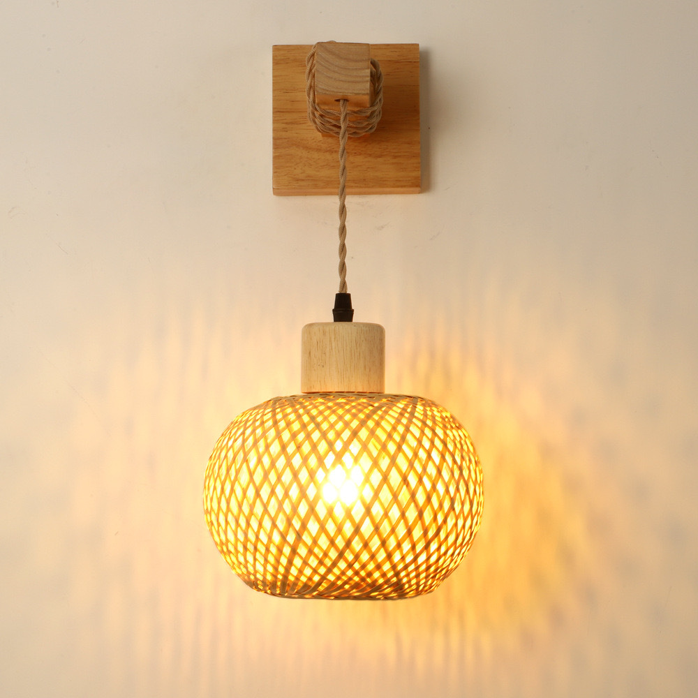 Rustic Bamboo Woven Wall Sconce Light - Natural Rattan Bedside Lamp