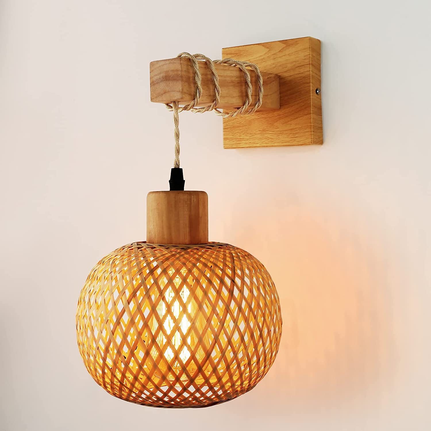 Rustic Bamboo Woven Wall Sconce Light - Natural Rattan Bedside Lamp