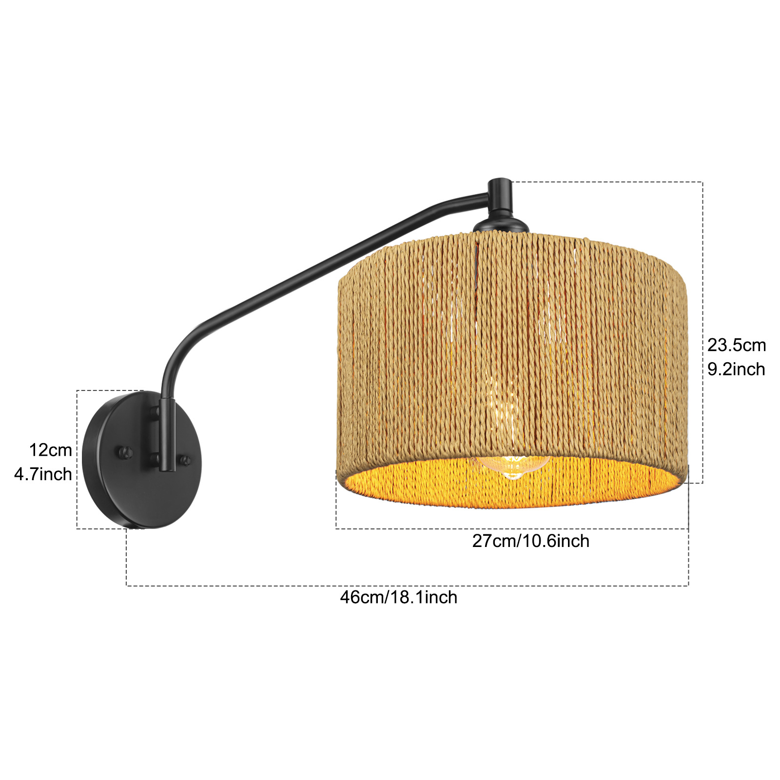 Modern Woven Wall Lamp, Adjustable Arm Rattan Sconce for Bedroom, Living Room, Cafe