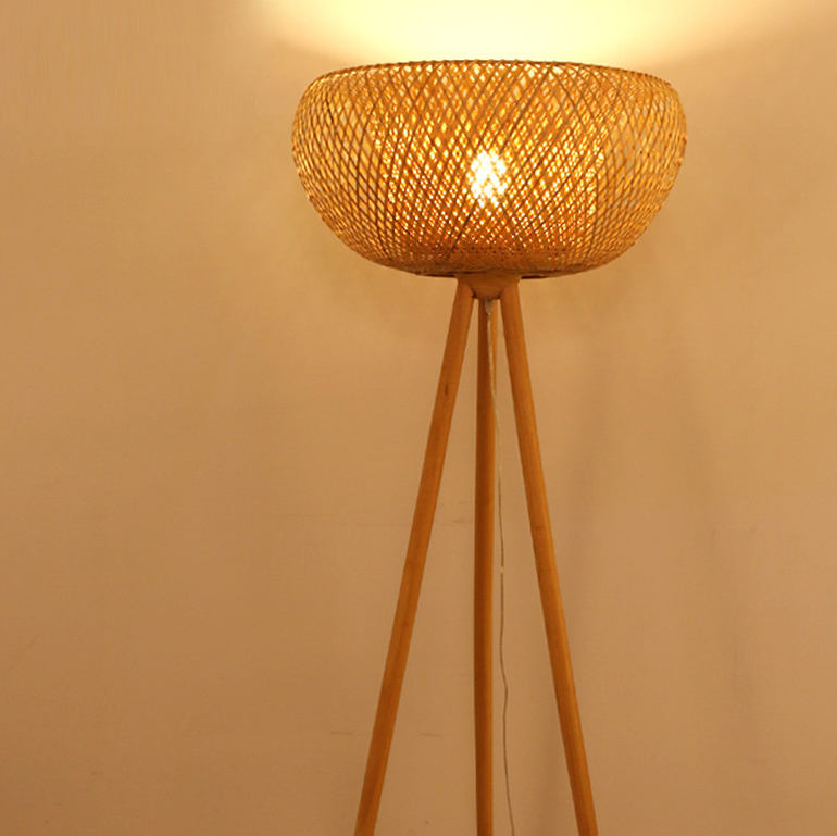 Boho Rattan Floor Lamp - Bamboo Tripod Wicker Standing Lamp for Rustic, Coastal & Modern Interiors