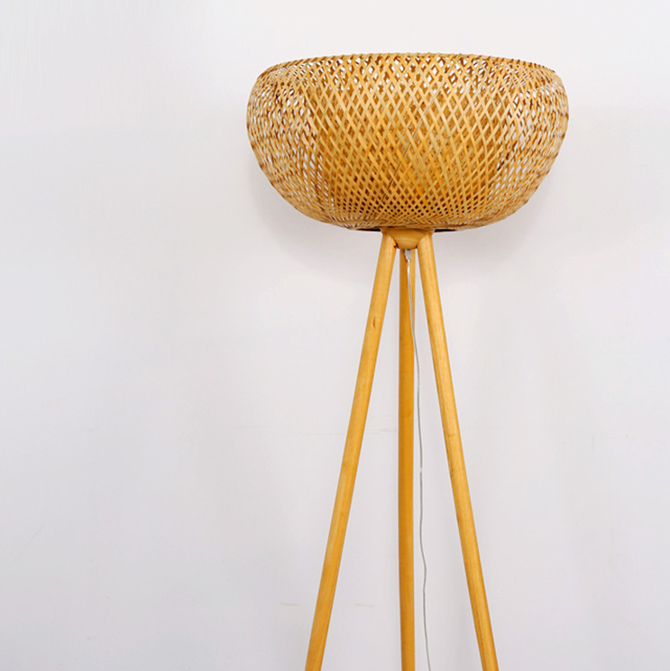 Boho Rattan Floor Lamp - Bamboo Tripod Wicker Standing Lamp for Rustic, Coastal & Modern Interiors