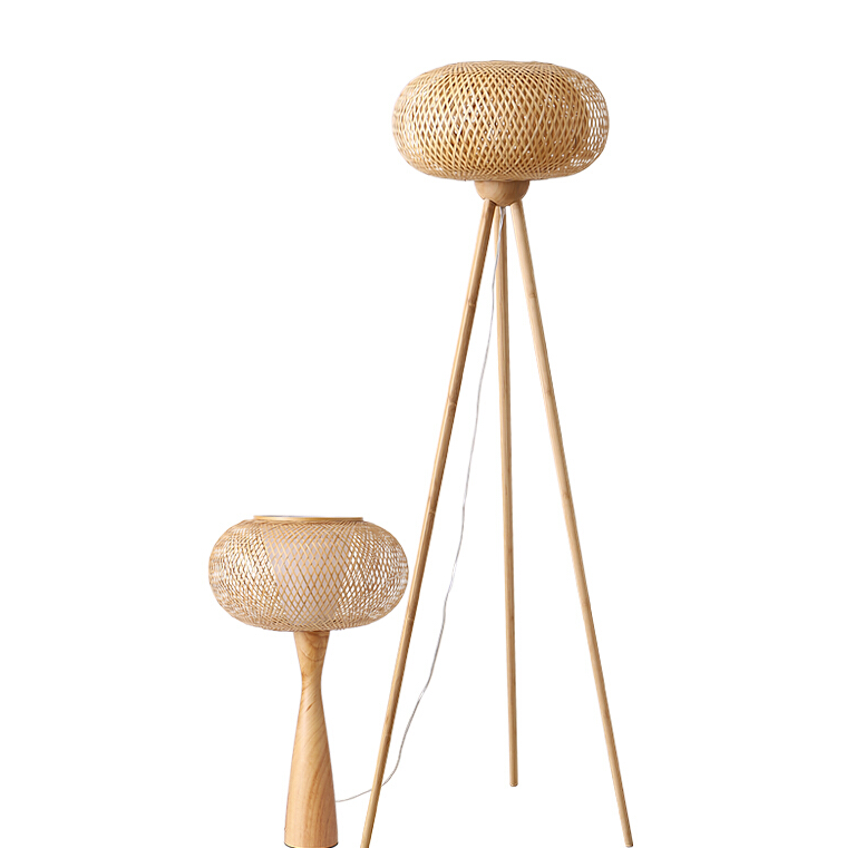 Boho Rattan Floor Lamp - Bamboo Tripod Wicker Standing Lamp for Rustic, Coastal & Modern Interiors