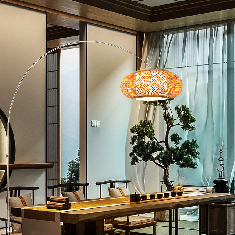 Modern Bamboo Shade Arc Floor Lamp with Marble Base – Minimalist Standing Lamp for Living Room & Bedroom