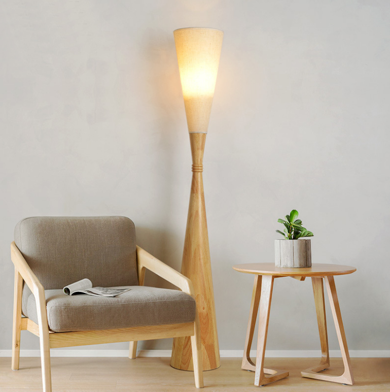 Solid Wood Floor Lamp with Tapered Shade – Minimalist Nordic Standing Light