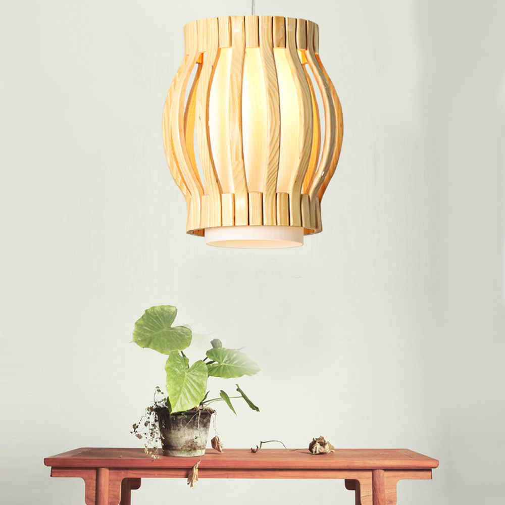 Modern Wooden Pendant Light – Barrel-Shaped Natural Wood Slat Ceiling Lamp with Frosted Inner Diffuser