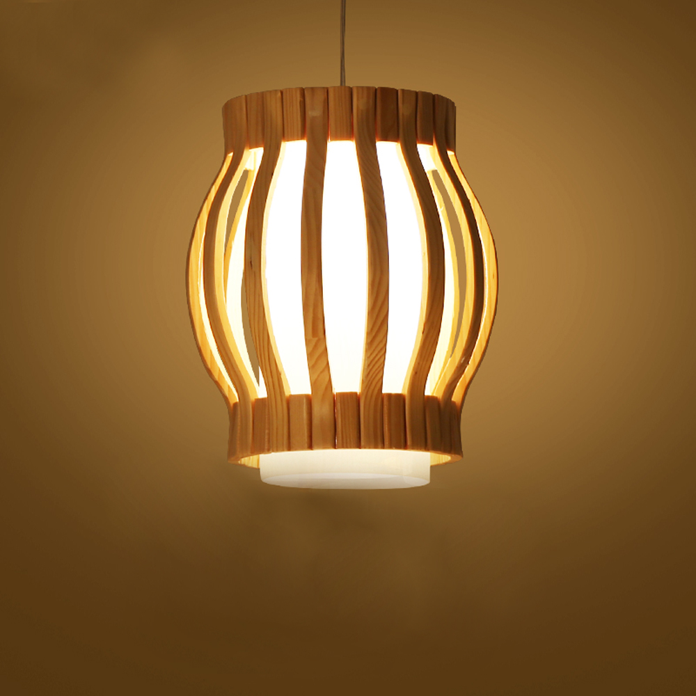 Modern Wooden Pendant Light – Barrel-Shaped Natural Wood Slat Ceiling Lamp with Frosted Inner Diffuser