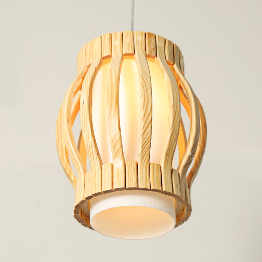 Modern Wooden Pendant Light – Barrel-Shaped Natural Wood Slat Ceiling Lamp with Frosted Inner Diffuser