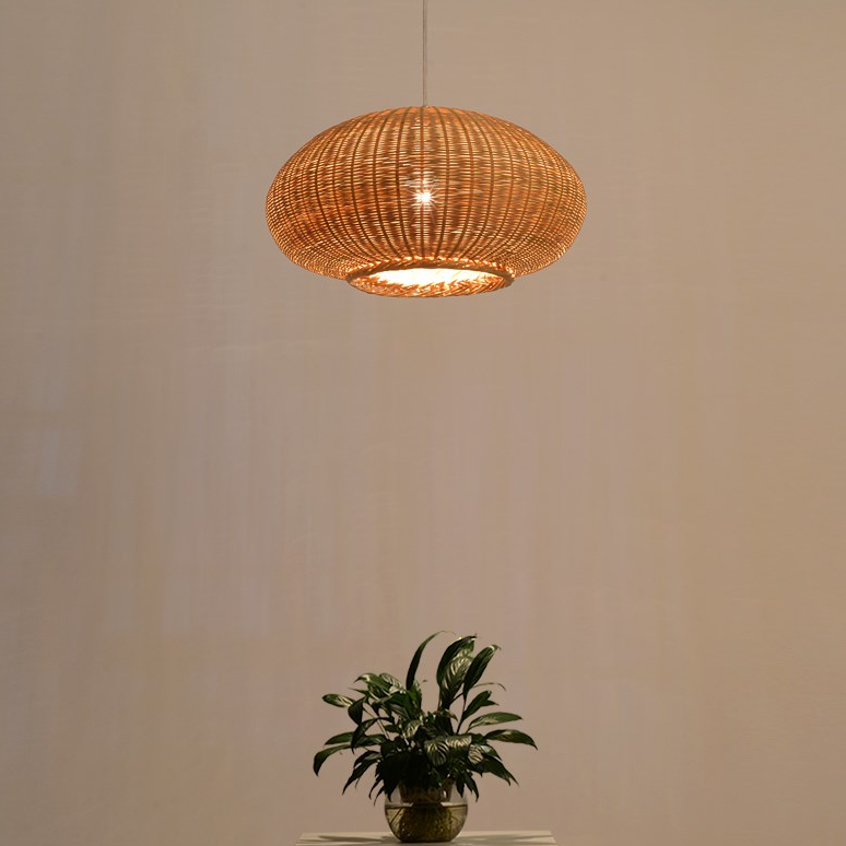 Flat Handwoven Rattan Pendant Light – Natural Wicker Hanging Lamp for Dining, Hotels & B&B Decor