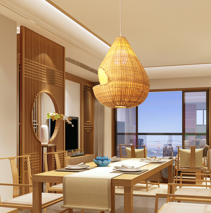 Handwoven Bamboo Rattan Pendant Light - Teardrop Shape Natural Hanging Lamp for Dining & Commercial Spaces