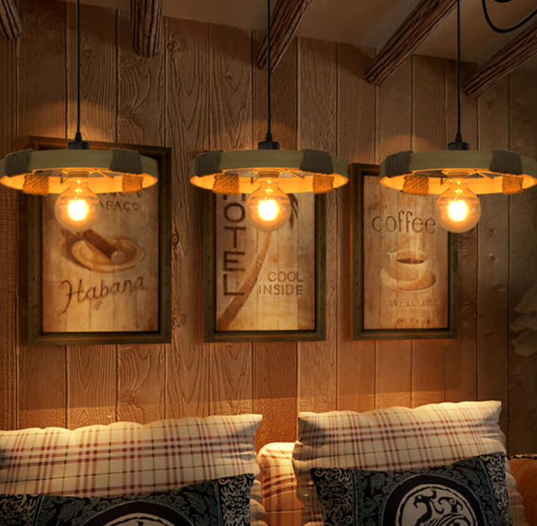 Rustic Wooden Wheel Pendant Light – Vintage Ceiling Lamp