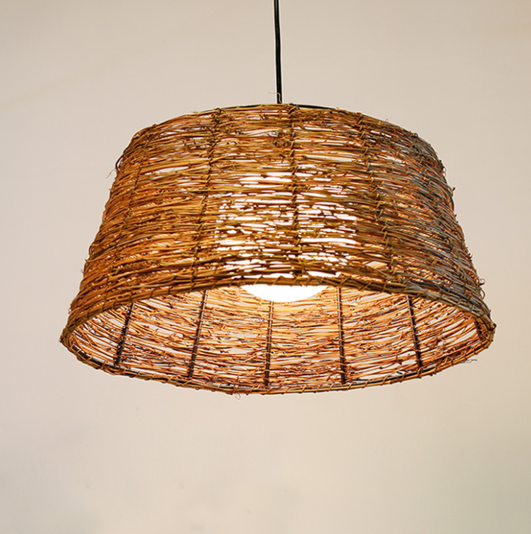 Handwoven Rattan Drum Pendant Light - Rustic Natural Lampshade for Dining, Living Room, Cafe