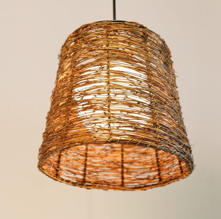 Handwoven Rattan Drum Pendant Light - Rustic Natural Lampshade for Dining, Living Room, Cafe