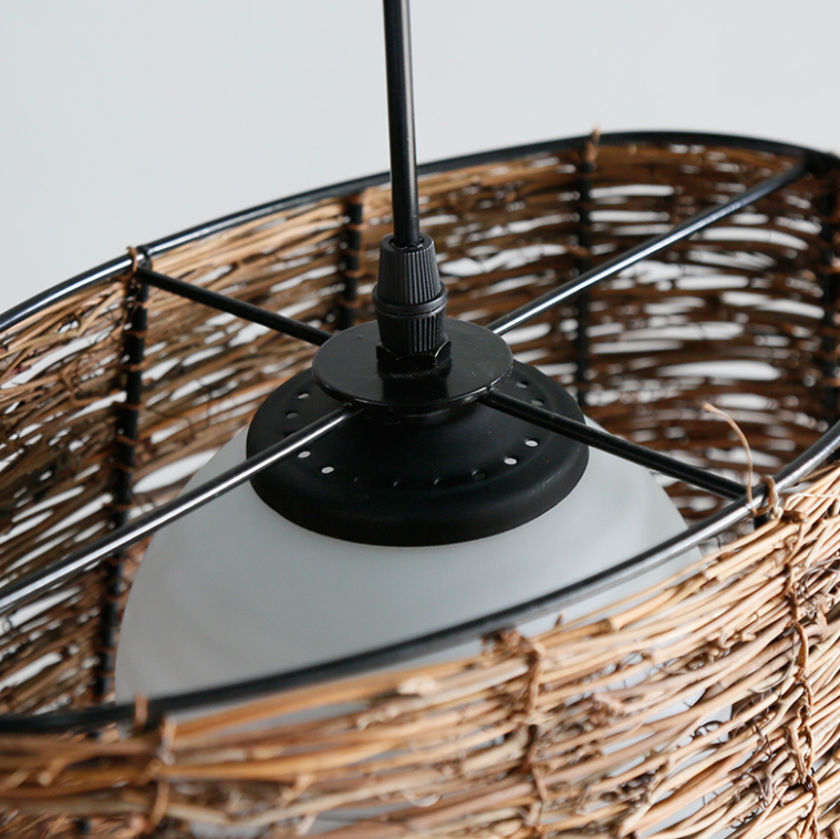 Handwoven Rattan Drum Pendant Light - Rustic Natural Lampshade for Dining, Living Room, Cafe