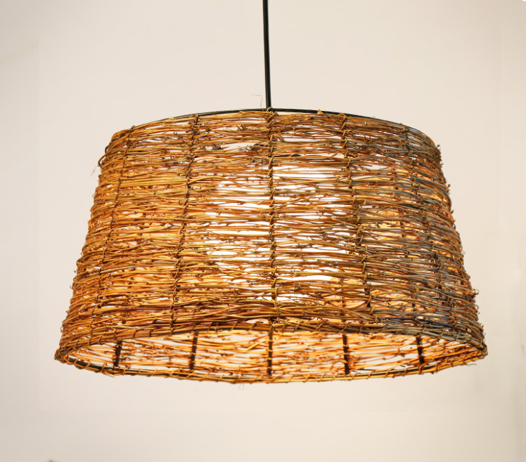 Handwoven Rattan Drum Pendant Light - Rustic Natural Lampshade for Dining, Living Room, Cafe