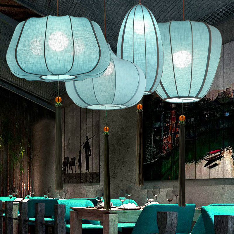 Oriental Blue Lantern Pendant Light with Tassels - Fabric Ceiling Lamp for Tea House & Restaurant