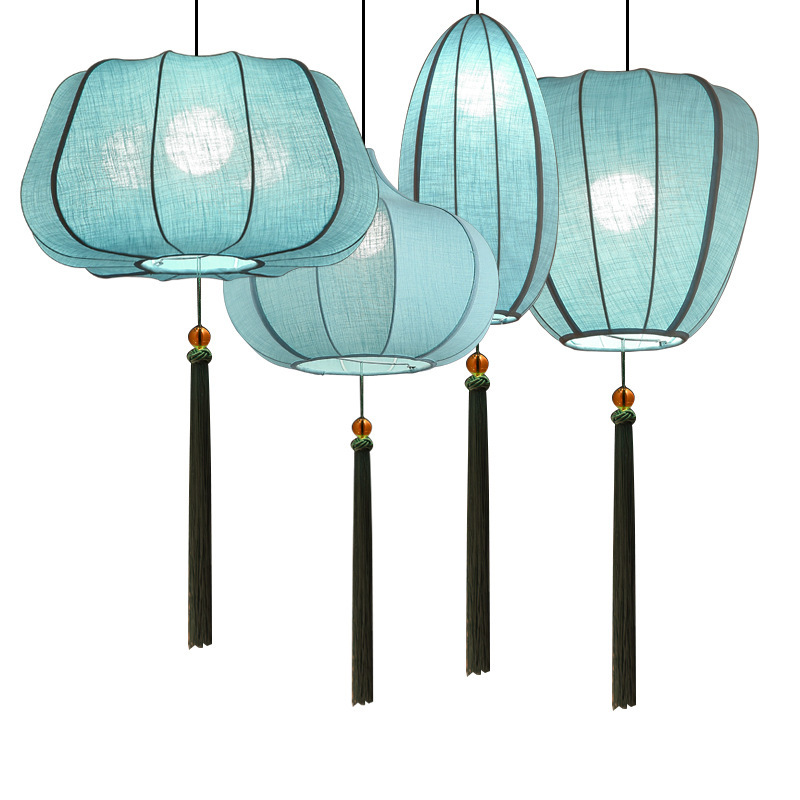 Oriental Blue Lantern Pendant Light with Tassels - Fabric Ceiling Lamp for Tea House & Restaurant