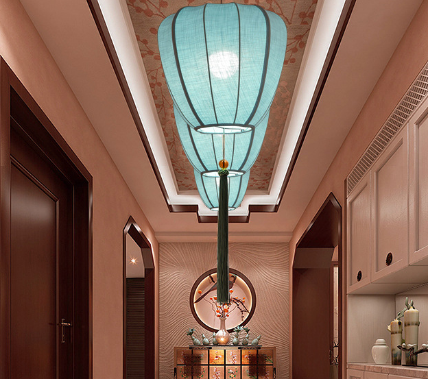 Oriental Blue Lantern Pendant Light with Tassels - Fabric Ceiling Lamp for Tea House & Restaurant