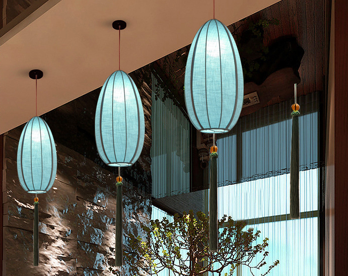 Oriental Blue Lantern Pendant Light with Tassels - Fabric Ceiling Lamp for Tea House & Restaurant