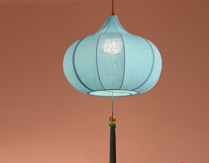 Oriental Blue Lantern Pendant Light with Tassels - Fabric Ceiling Lamp for Tea House & Restaurant