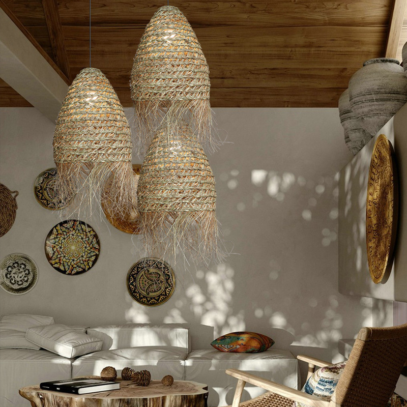 Handwoven Seagrass Pendant Light with Natural Fringe | Boho Rustic Ceiling Lamp