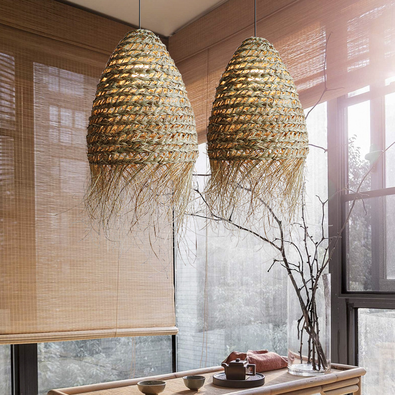 Handwoven Seagrass Pendant Light with Natural Fringe | Boho Rustic Ceiling Lamp
