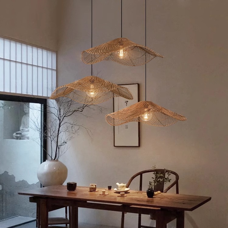 Modern Minimalist Woven Rattan Pendant Light - Artistic Wave Shape for Living Room, Dining Room, Cafe
