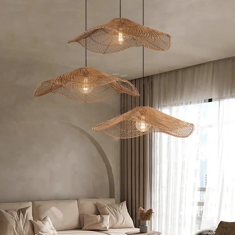 Modern Minimalist Woven Rattan Pendant Light - Artistic Wave Shape for Living Room, Dining Room, Cafe