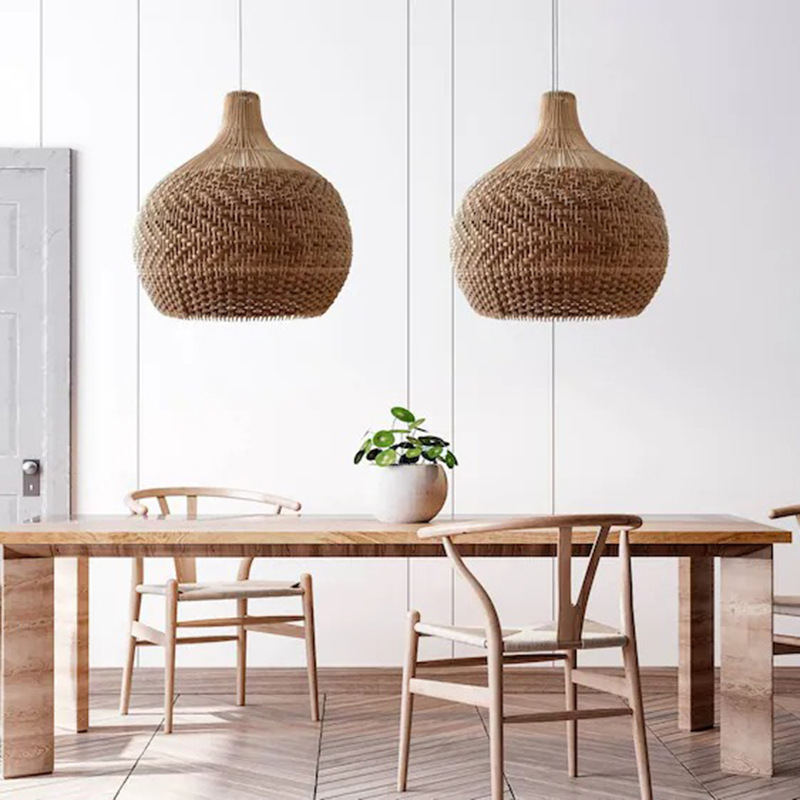 Modern Boho Woven Pendant Light – Black & White Rattan Hanging Lamp for Dining and Living Room