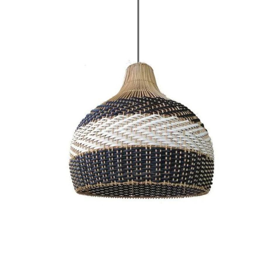 Modern Boho Woven Pendant Light – Black & White Rattan Hanging Lamp for Dining and Living Room
